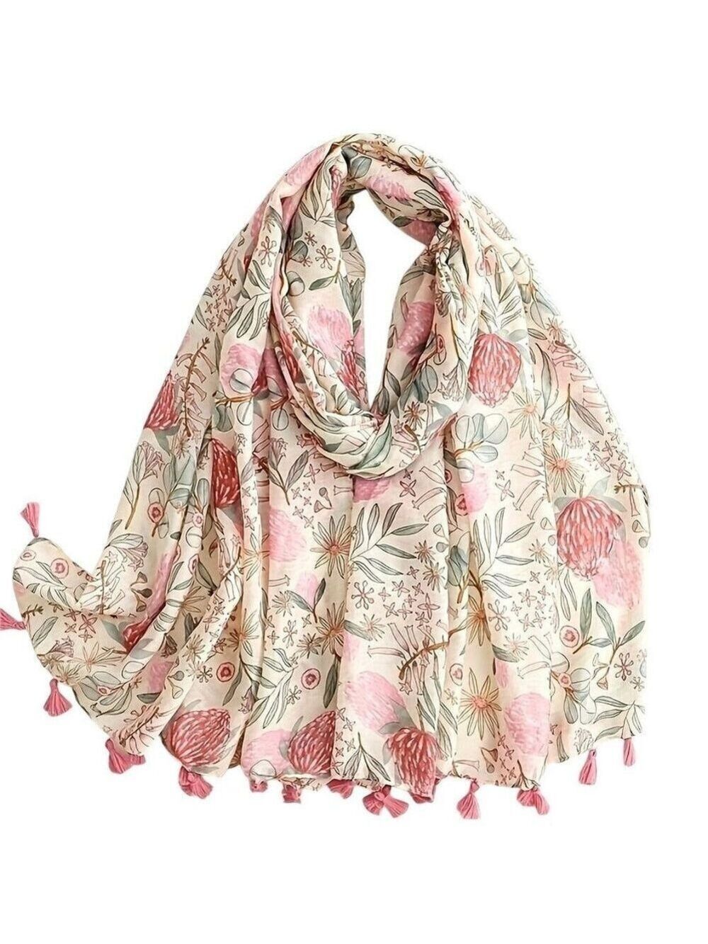 Floral Pink & White Lightweight Tassel Scarf – Boho Shawl Wrap 34 x 70